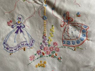 Vintage Crinoline Lady Hand Embroidered Cream Cotton Lg Square Tablecloth