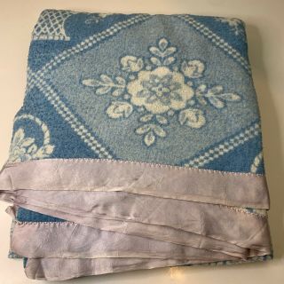 Vintage Thermal Blanket Bedding Blue Floral Basket Satin Trim Twin 76x64