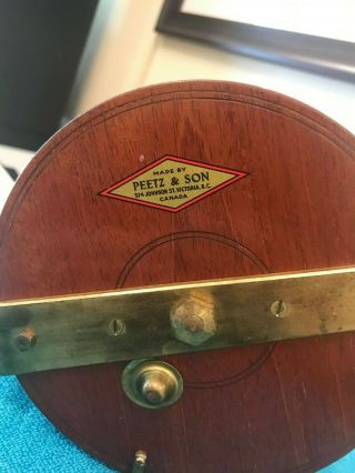 Vintage 6 " Peetz Wood & Brass Fishing Reel With Riveted Foot