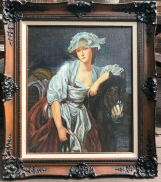 Vintage E.  Bower Oil On Canvas Woman With Horse Painting 28x32 " Framed