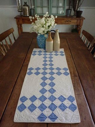 Sweet Cottage Home Vintage 30s Cornflower Blue & White Table Quilt Runner 32x13