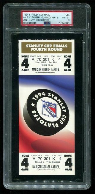 Psa Ticket Hockey 1994 Stanley Cup Final York Rangers Game 7 Clincher Full