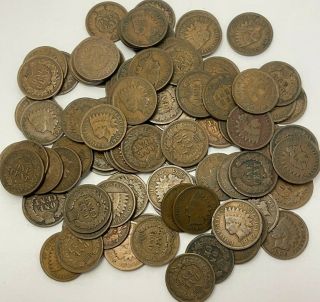 100 Indian Head Pennies Cents 1864 - 1909 No Culls,  Two Rolls,  One Hundred B
