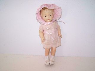 Antique Fibroid Doll Composition Limbs Cloth Body 14 " Dress Bonnet Collectable