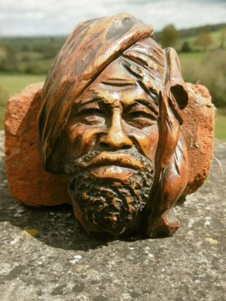 Antique 19thc Oak Carved Moorish Male Head With Beard & Headwear