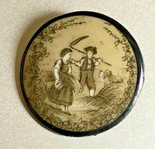Antique Porcelain Button,  Liverpool Transfer,  " Autumn " Harvesting,  Large 1 1/4 "