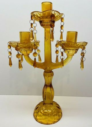 Vintage Tall Amber Tinted Glass 3 Arm Candelabra With Droplets 15 " Tall