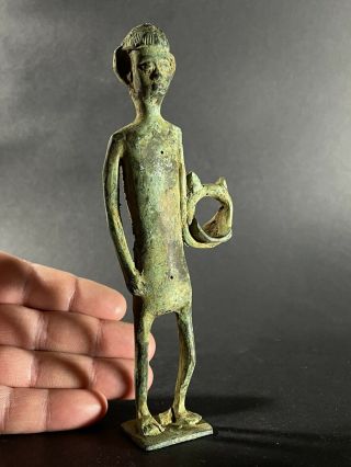 Large Size Ancient Luristan Bronze Statue Of King Holding Crown - Circa 1000 Bc