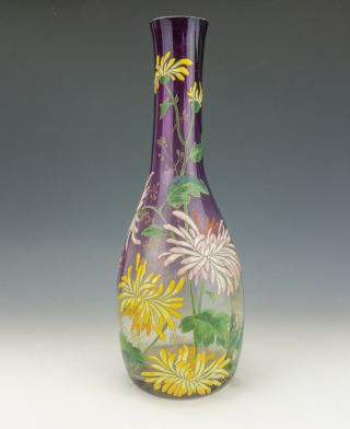 Antique French Glass - Enamelled Flower Decorated Vase - Art Nouveau