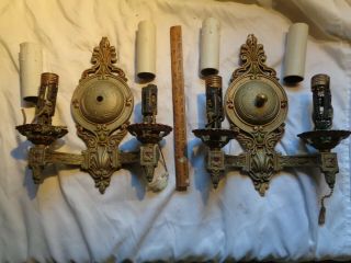 2 Antique Double Candle Electric Wall Sconce Light Fixture Ornate Cast Metal