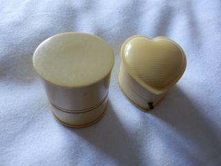 2 Antique Deco Celluloid Ring Boxes - 1 Heart Shape,  1 Cylindrical