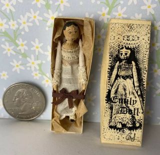 Vintage Artisan Wooden Peg Doll Girl Primitive Dollhouse Miniature Dress & Box