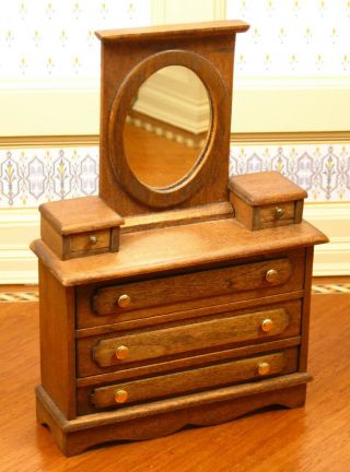 Frank Belt Walnut Mirrored Dresser With 5 Drawers Artisan Dollhouse Miniature