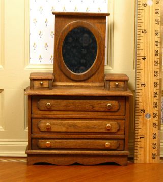 Frank Belt Walnut Mirrored Dresser with 5 Drawers Artisan Dollhouse Miniature 2