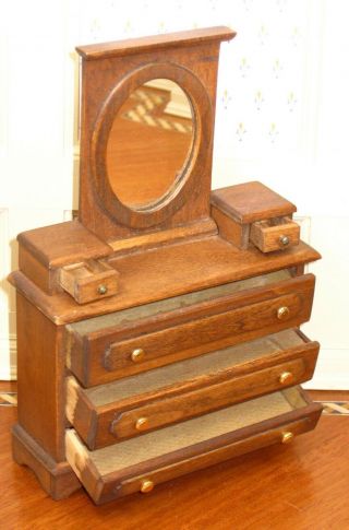 Frank Belt Walnut Mirrored Dresser with 5 Drawers Artisan Dollhouse Miniature 3