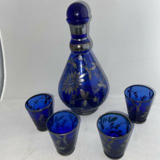 Antique Venetian Blue Glass With Silver Overlay Decanter Bottle & 4 Shot Glasses