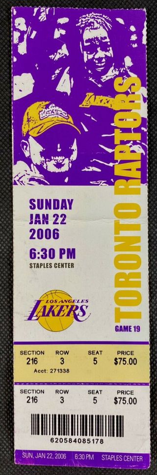 Kobe Bryant 81 Point Game January 22,  2006 Full Ticket Stub La Lakers Vs Raptors