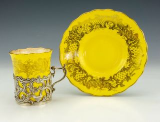Antique Coalport Porcelain - Gilded Yellow Glazed Cup & Saucer With Silver Mount