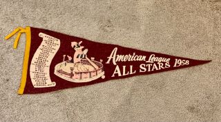 1958 American League All Stars Baseball Pennant Mantle Scroll Names 27 " Rare