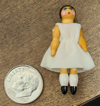 Vintage Artisan Little Jointed Wooden Peg Doll Girl Dollhouse Miniature Dress