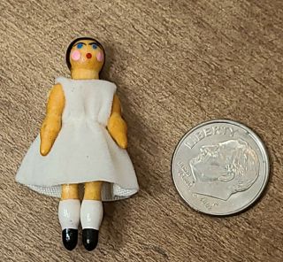 Vintage Artisan Little Jointed Wooden Peg Doll Girl Dollhouse Miniature Dress 3