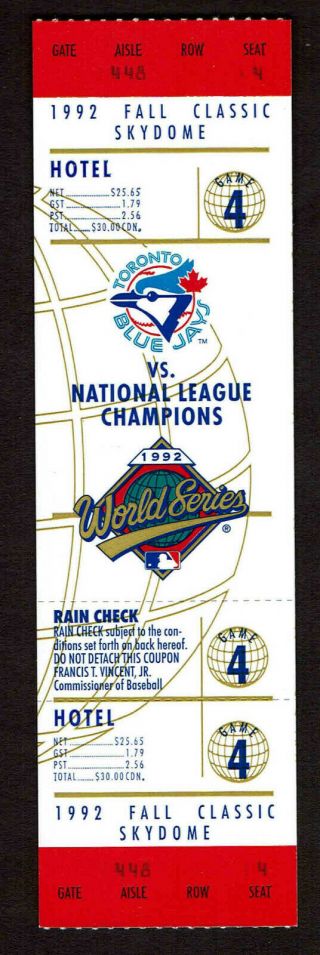 1992 Game 4 World Series Full Ticket Stub Atlanta Braves At Toronto Blue Jays