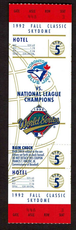 1992 Game 5 World Series Full Ticket Stub Atlanta Braves At Toronto Blue Jays