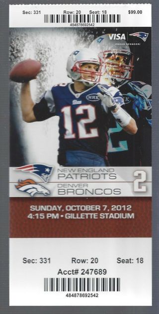 20 Peyton Manning Vs Tom Brady - 2012 Broncos @ Patriots Full Football Tickets