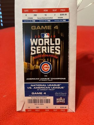 2016 Chicago Cubs Vs Cleveland Indians World Series Ticket Stub Game 4 Wrigley