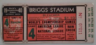 1940 Detroit Tigers World Series Ticket Stub Vs Cincinnati Reds Game 4