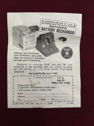 Vintage 1969 Paper Flier/insert For Ideal Toy Corp Motorific Battery Recharger