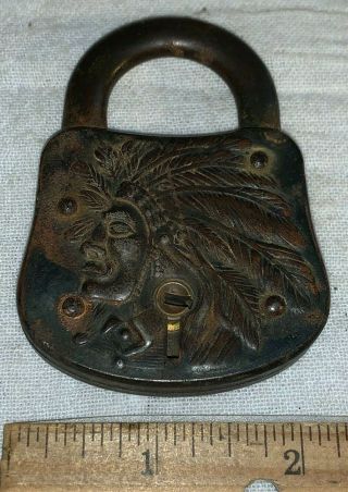 Antique Native American Indian Chief Padlock Feather Head Dress Lock No Key Old