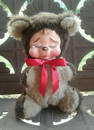 Vtg Rushton Rubber Face Bear Sad Crying Brown Bear 9 " Plush Toy