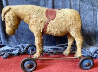 Steiff Mohair Donkey Riding Toy With Metal And Rubber Wheels