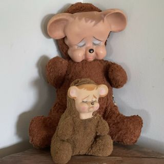 Vintage Knickerbocker Rubber Face Pouting Animals Teddy Bears 6 " & 15” 1950 