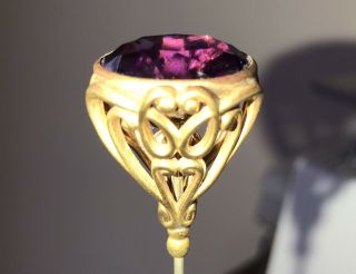 Antique Vtg Art Nouveau Hatpin Large Faceted Amethyst Glass Gold Tone Metal