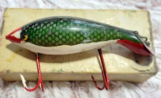 Heddon Dowagiac Minnow Old Vintage Wood Fishing Lure Green Red,  Box 4 "