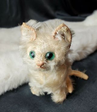 Steiff Mohair Kitty Cat Creamy White Kitten With Green Eyes Sitting Position 5 "