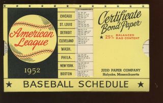 1952 Bond Paper American & National League Schedule Nrmt