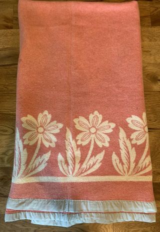 Vintage Wool Camp Blanket Pink & Cream,  Satin Trim,  Flowers,  Reversible 64”x72”