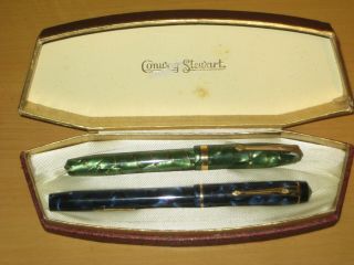 Antique Conway Stewart Green Marble 84,  Blue 759 Fountain Pens In Same Box.