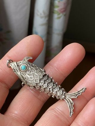 Antique Silver Mark Articulated Fish Snuff Pendant W/turquoise Eye