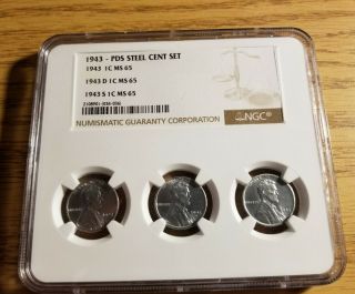 1943 P D S Lincoln Steel Penny Cent Set Ms 65 Ngc Multi - Coin Holder