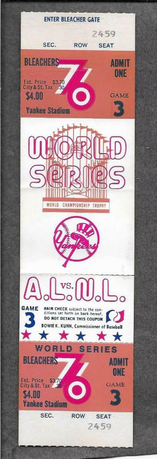 1976 Yankees World Series Full Ticket Game 3 Vs.  Cincinnati Reds