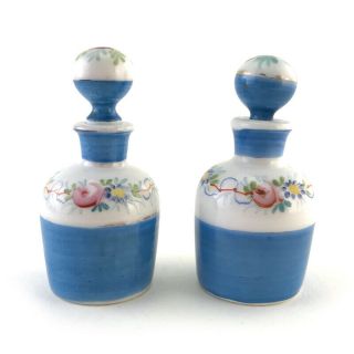 Pair: Antique French Miniature Enameled Porcelain Perfume Vanity Scent Bottles
