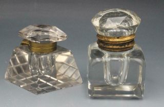 2 Antique French Cut Crystal Glass Inkwells W/ Hinged Covers