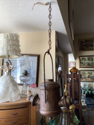 Vintage ANTIQUE THE ANGLE LAMP MFG.  CO.  YORK DOUBLE BURNER HANGING OIL LAMP 2