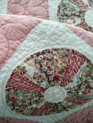 Vintage Buggy Wheel Beautifully Stitched Quilt 84 X 84 Full Queen Pink Cotton