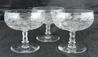 Vintage Flower Garland Cut Champagne Coupe Glass Or Crystal Ice Cube Stem Set 3