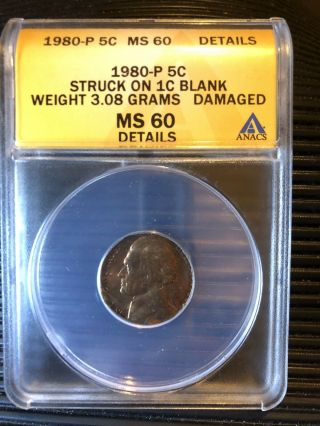 1980 - P 5c Struck On 1c Blank - Ms60 - Error Coin: Jefferson " Nickel "